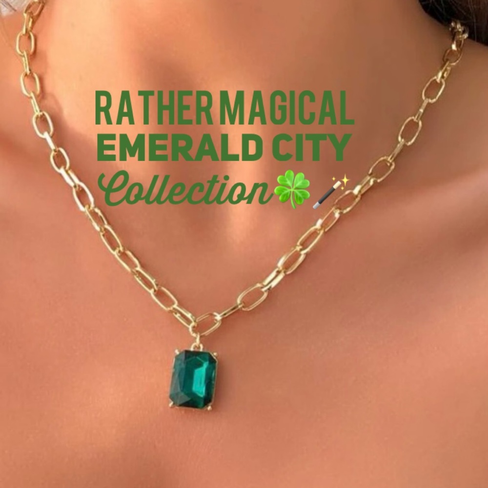 Stunning Geometric Emerald Green & Gold Chunky Bold Chain Necklace - Picture 2 of 10